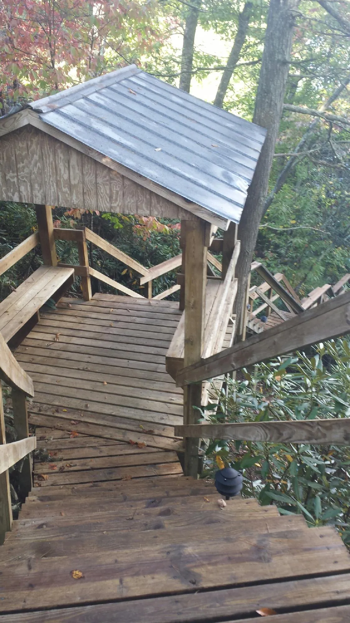 Metal roofed shelter over wooden steps on a wooded walkway — Skylight Repair & Installation work by our crew in Barto